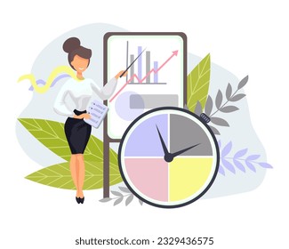 Young office worker performing duties on time, achieves goals, successfully making presentations. Learning and developing. Time management concept. Vector illustration in flat design