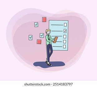 Jovem funcionário de escritório planejando tarefas de projeto. Lista de verificação de preenchimento manual. Ilustração vetorial para gerenciamento, agendamento, conceito de negócios