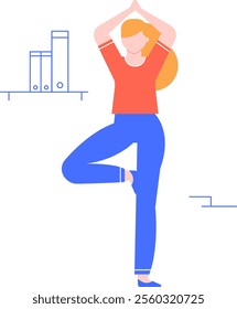 Young office worker practicing yoga in tree pose, promoting workplace wellness, stress reduction, and mindfulness during work breaks for improved focus and productivity