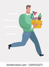 Young office worker running away from his angry bad boss. Man holding carton box with her belongings. Vector cartoon illustration in modern concept