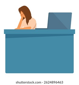 Junge Büroangestellte mit Kopfschmerzen am Schreibtisch mit Laptop
