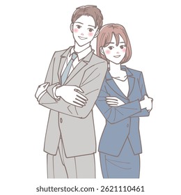  Young office workers, male and female, looking at us with their arms crossed.
