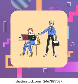 Ilustración vectorial de jóvenes oficinistas. Chica usando laptop, hombre en ropa formal con maletín dando consejos a su colega. Trabajo en equipo, concepto de tutoría para el Anuncio, diseño de Sitios web o página de aterrizaje