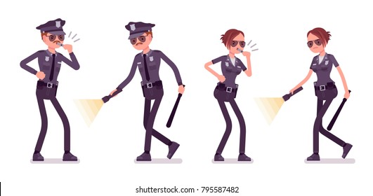 Young officers investigating with flashlight, policeman and policewoman, members of a police force Law and justice concept. Vector flat style cartoon illustration isolated on white background