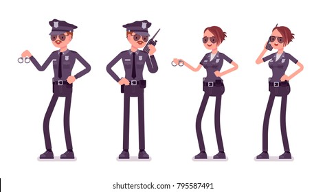 Young officers, policeman and policewoman, members of a police force responding to 911 with radio. Law and justice concept. Vector flat style cartoon illustration isolated on white background