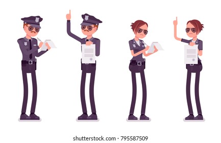 Young Officers, Policeman And Policewoman, Members Of Police Force Prepare Paperwork, Making Record. Law And Justice Concept. Vector Flat Style Cartoon Illustration Isolated On White Background