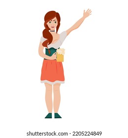 A Young Oktoberfest Girl. A Waitress Dressed In A Traditional Bavarian Outfit. A Woman Holds Beer Mugs. Vector Illustration.