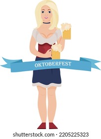 A Young Oktoberfest Girl. A Waitress Dressed In A Traditional Bavarian Outfit. A Woman Holds Beer Mugs. Vector Illustration.