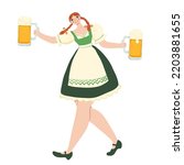 Young Oktoberfest waitress wearing a traditional German dress holding beer mugs. Attractive woman serving on brewfest, fun and smiling, full-length. Isolated vector illustration for holiday design.