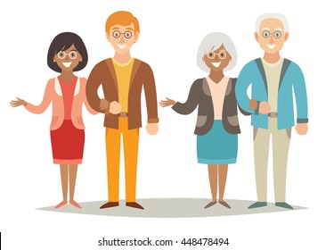 Young and old appy family vector set. Cartoon character family. Family couple past and present. Illustration isolated on white backgroud