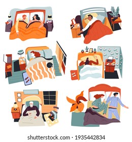 Personajes jóvenes y viejos durmiendo en camas en casa. Personas sobre almohadas cómodas y cubiertas de mantas. Personajes descansando y echando la siesta después de días de trabajo duro. Vector de estilo plano