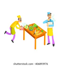 Young And Old Cook In Kitchen Fun Illustration In Simple Childish Style Flat Vector Design On White Background