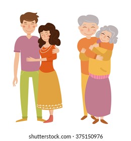 Young and old couple. Vector isolated illustration. Cartoon characters.