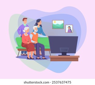 Parejas jóvenes y viejas viendo la televisión en la sala de estar juntos. Esposa y esposo felices, padres ancianos sentados en el sofá en la Ilustración vectorial del hogar. Familia, ocio, concepto de Ocio