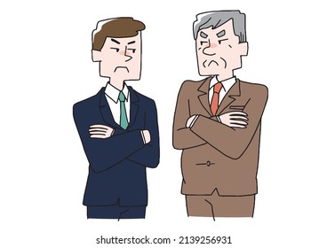  Young and old employees who are in conflict with each other Comical handwritten person Vector, line drawing and color