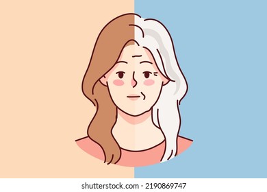 Young and old grey-haired woman aging process. Female in younger and older ages. Vector illustration. 