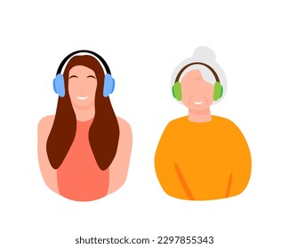 Young and old lady character set with headphones listening music vector concept. Flat colorful illustration isolated on white background.