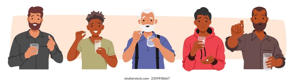 Young and Old Male Characters Clutching Pills and Water Glass, Embodying Hope And Healing. Small Capsules Represent A Chance At Wellness, Resilience In Their Grasp. Cartoon People Vector Illustration