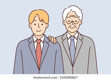Young and old man in business suits symbolize succession of generations and inheritance of managerial positions. Rich successful grandfather wants to leave own business and company to grandson svg