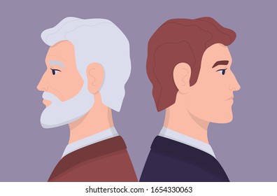 Young and old man faces in profile . Young and elderly person, age diversity. Generation gap concept. Vector Flat Illustration