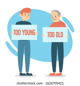 Too young and too old man vector isolated. Idea of ageism, discrimination in society. Senior man and problems with job searching.