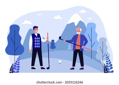 Young And Old Men Playing Golf. Flat Vector Illustration. Grandfather And Son Or Grandson Holding Golf Clubs While Standing On Golf Course. Fun, Family, Game, Hobby, Sport Concept For Banner Design