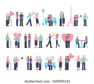 young and old parents lovers couple characters vector illustration design