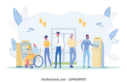 Young and Old People Waiting in Line to Draw Money from Self Service Automated Teller Machine Flat Cartoon Vector Illustration. Disabled Woman in Wheelchair Holding Credit Card. Man, Woman in Queue.