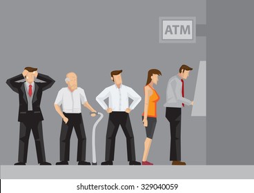 Young And Old People Waiting In Line To Draw Money From Self-service Automated Teller Machine. Cartoon Vector Illustration.