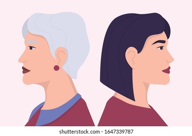 Young and old woman faces in profile . Young and elderly person, age diversity. Generation gap concept. Vector Flat Illustration