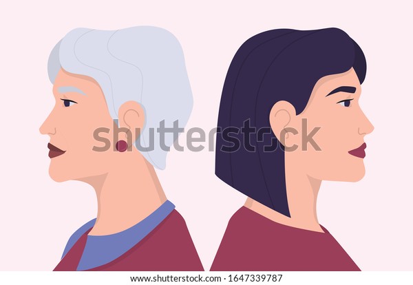 Young and old woman faces in profile . Young\
and elderly person, age diversity. Generation gap concept. Vector\
Flat Illustration