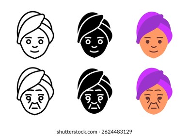 Young and old woman icon. Female head portraits showing age difference vector illustration. Contrast between youth and elder symbol. Human generation comparison sign. Aging process pictogram.