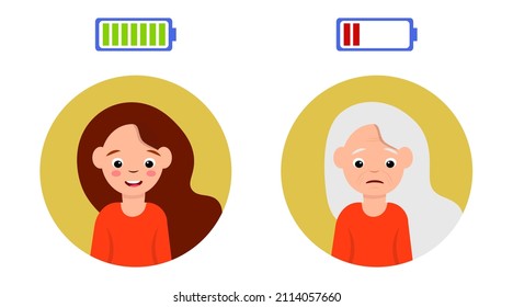 Young and old woman, life energy battery, vector isolated concept illustration. Flat person portrait. Elderly aging character. Happy and tired unhappy human. Youth adolescent icon set.