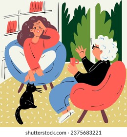 A young and an old woman are talking sitting in armchairs in a room. Vector illustration in a naive style.