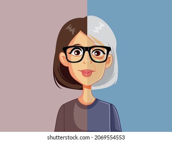 Young and Old Woman Vector Concept Illustration. Normalizing gracefully aging process conceptual poster
