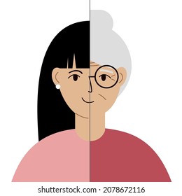 Young and Old woman Vector Concept Illustration. Normalizing gracefully aging process conceptual poster. Concept before and after. Vector flat illustration