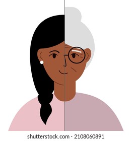 Young and Old woman Vector Concept Illustration. Normalizing gracefully aging process conceptual poster. Concept before and after. Vector flat illustration