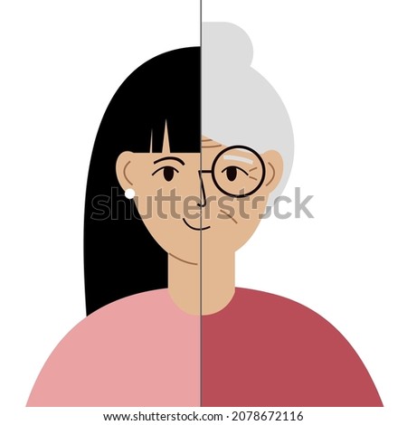 Young and Old woman Vector Concept Illustration. Normalizing gracefully aging process conceptual poster. Concept before and after. Vector flat illustration