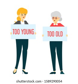 Too Young And Too Old Woman Vector Isolated. Idea Of Ageism, Discrimination In Society. Senior Woman And Problems With Job Searching.