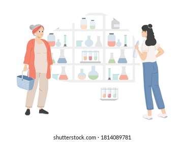 Young and old women choosing drugs in pharmacy vector flat illustration. People in drugstore buying drugs and medicine. Healthcare, pharmacy, apothecary interior design concept.