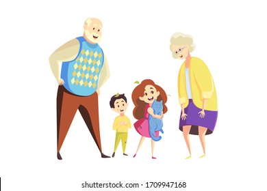 Young and older generation concept. Cartoon characters man grandfather and woman grandmother with children kids grandson granddaughter with cat pet stand together. Happy family vector illustration.