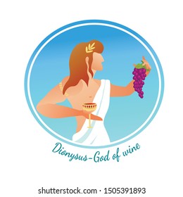 Young Olympian God of Wine Dionysus Son of Zeus Hold Bunch of Grapes and Golden Goblet with Vine. Bacchus Character Wearing White Tunic in Round Frame. Cartoon Flat Vector Illustration, Banner, Icon