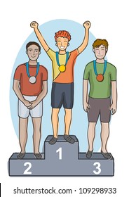 Young olympic sports men holding celebrating on the winners podium