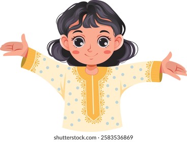 A young Omani girl appears with an innocent smile, wearing the traditional Omani attire adorned with intricate patterns. She joyfully raises both hands, reflecting her happiness and energy.