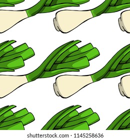 Young onion seamless pattern. Vector illustration of a seamless pattern of onions. Green young onions. Hand drawn onion.