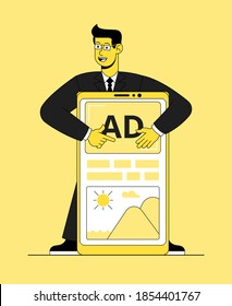 Young online businessman pointing at smartphone screen with content and advertisement. Cartoon flat linear vector illustration