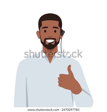 Young operator man wearing the headset to thumb up. Flat vector illustration isolated on white background
