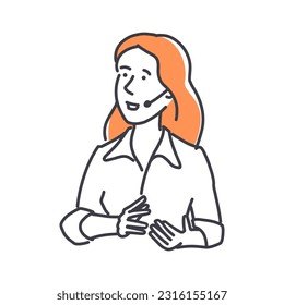 Mujer joven operadora con auriculares. Ilustraciones simples de vector plano de contorno de estilo. Escenas de Office. Concepto de flujo de trabajo. Perfecto para web y marketing, medios sociales, proceso creativo, diseño de aplicaciones.