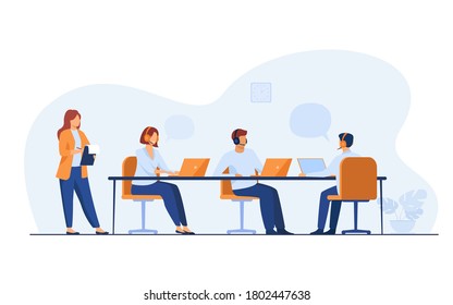 Young operators working in call center isolated flat vector illustration. Cartoon administrator holding clipboard and checking work in office. Customer service and support concept