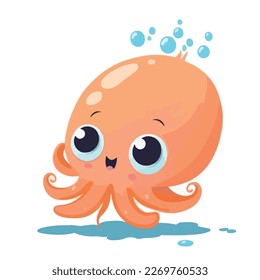 Young orange octopus. Baby octopus. The little animal cutely looks with big eyes. Cute vector illustration for a child.